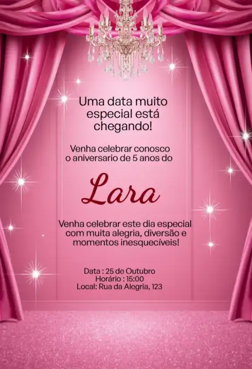 Invitación Convite Rosa Luxo com Cortina Editável para Aniversário Infantil – tema Cartão rosa, luxuoso, delicado, feminino, princesa