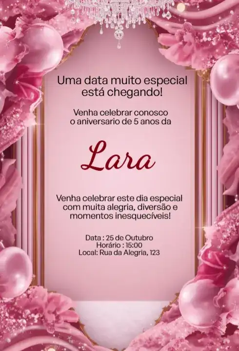Convite Rosa Luxo com Lustre e Balões Editável para Aniversário Infantil