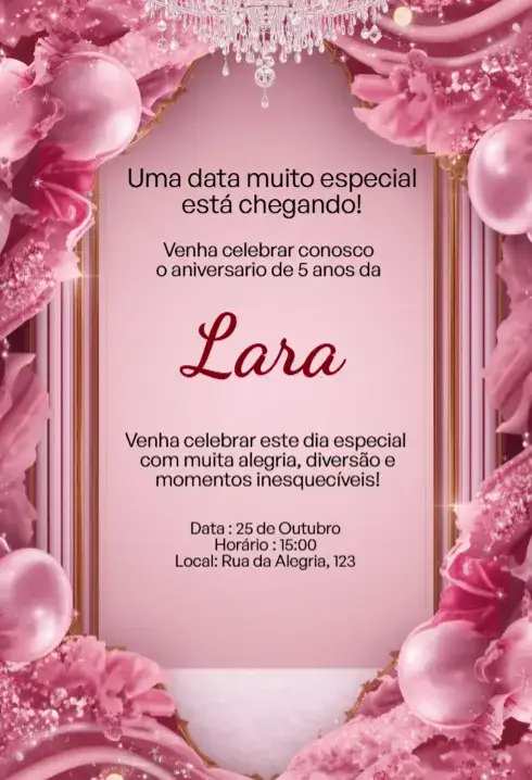 Convite Convite Rosa Luxo com Lustre e Balões Editável para Aniversário Infantil – tema Aniversário Infantil rosa, luxo, delicado, festivo, feminino