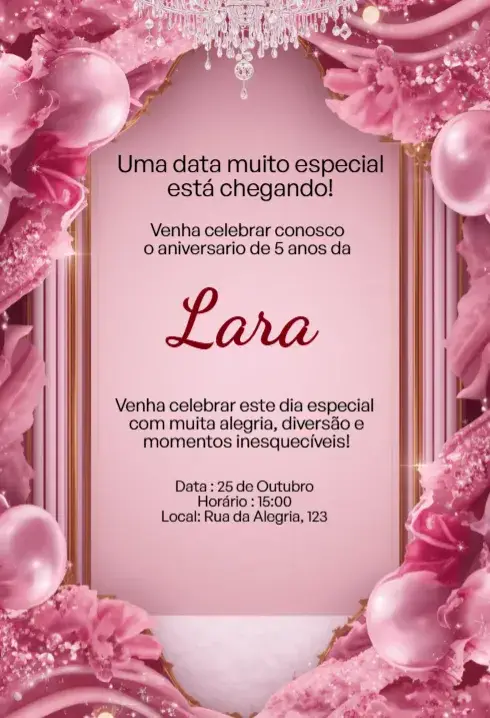 Invitación Rosa de Lujo con Lámpara y Globos Editable para Cumpleaños Infantil