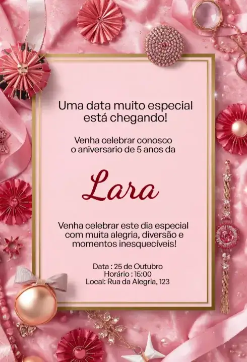 Convite Rosa Luxo com Moldura Dourada Editável para Aniversário Infantil