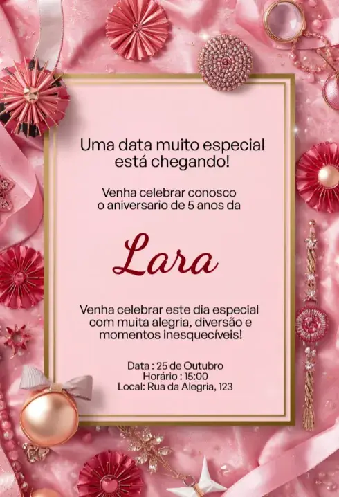 Invitación Rosa de Lujo con Marco Dorado Editable para Cumpleaños Infantil