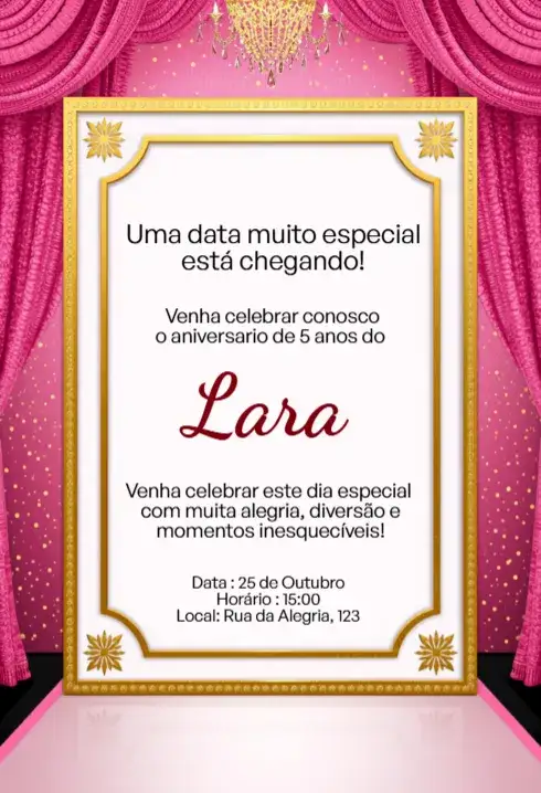 Invitation Convite Rosa Luxo com Moldura Dourada Editável para Aniversário Infantil – Aniversário Infantil theme rosa, dourado, delicado, feminino, luxuoso