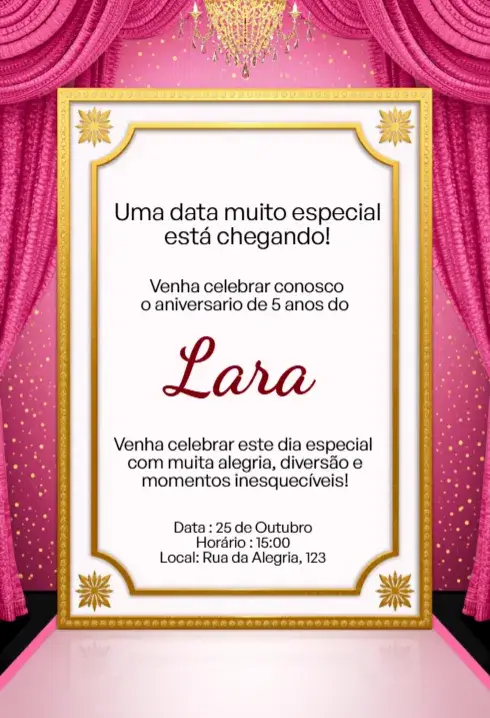 Invitación Rosa de Lujo con Marco Dorado Editable para Cumpleaños Infantil