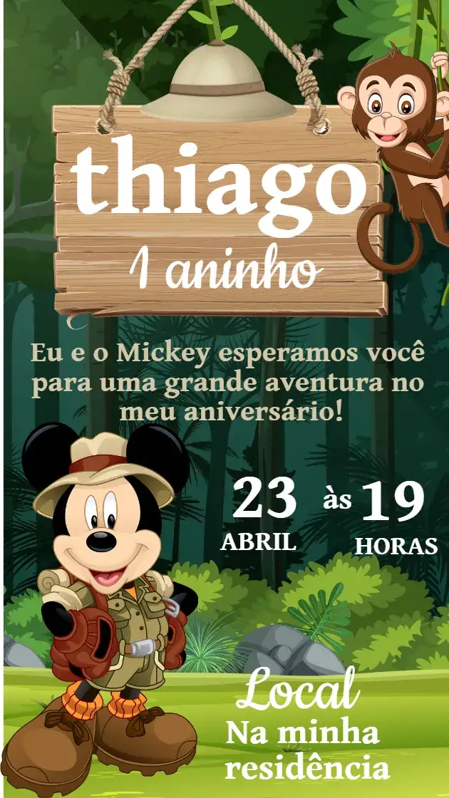 Invitation Convite Safari do Mickey – Aniversário Infantil theme cores vibrantes, estilo infantil, elementos de safari, ilustrações divertidas, design lúdico, temática Disney