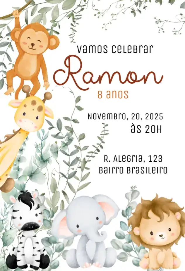 Invitación Convite Safari Floresta – tema Aniversário Infantil tropical, colorido, divertido, ilustração de animais, folhagem, aventura