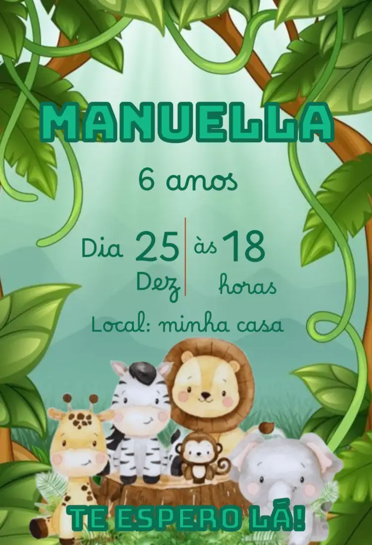 Convite Convite Sáfari – tema Aniversário Infantil selva, animais, cores vibrantes, divertido, tropical, colorido