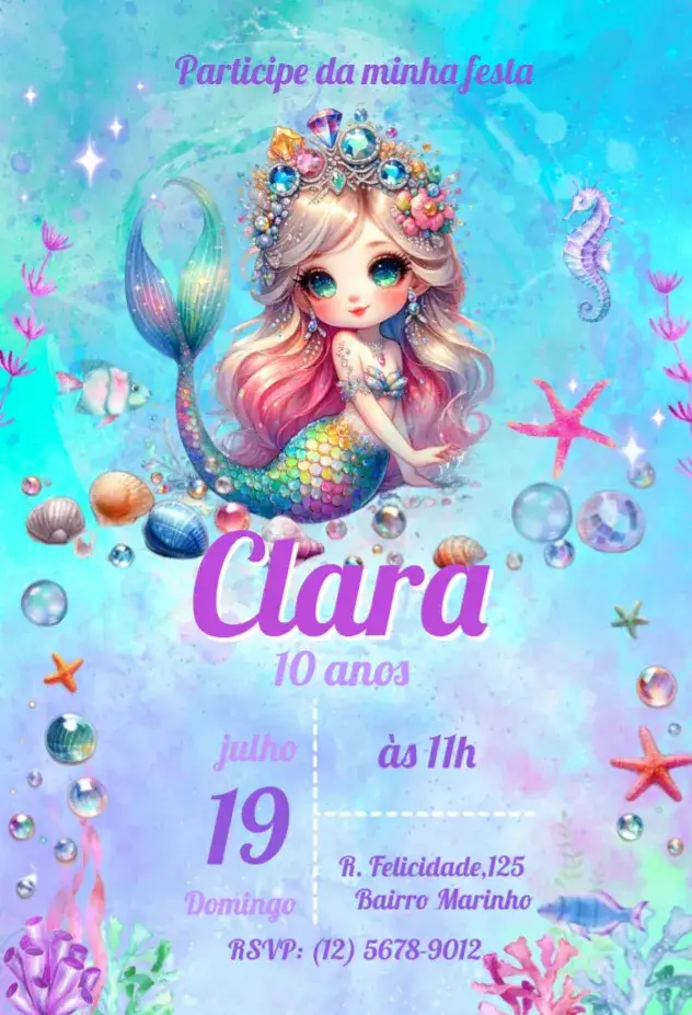 Invitación Invitación Sirena Brillante – tema Cumpleaños Infantil colores pasteles, mundo submarino, elementos gráficos de sirena, vintage, fantasía, divertido