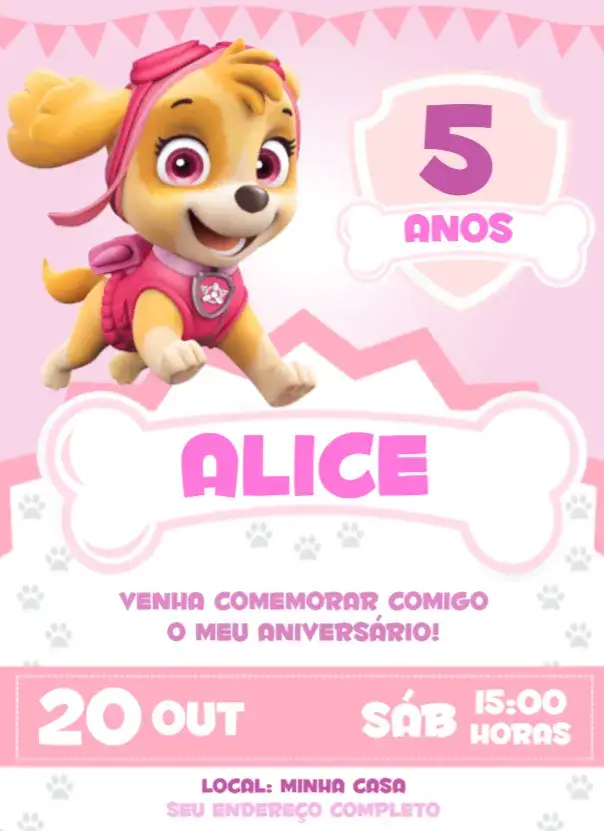 Convite Convite Skye Patrulha Canina – tema Aniversário rosa, divertido, infantil, colorido, temático, animado