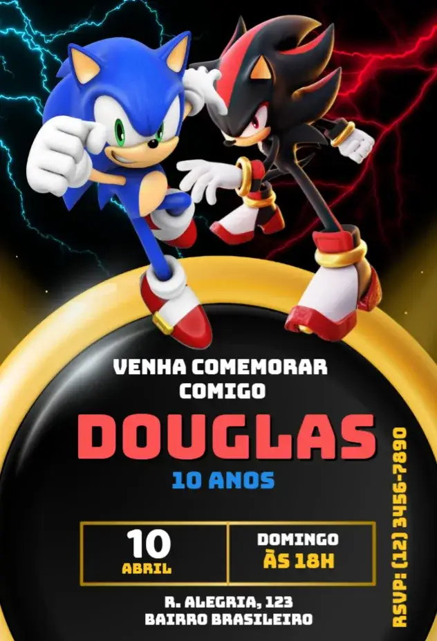 Invitation Convite Sonic Amarelo e Preto – Aniversário Infantil theme amarelo, preto, moderno, jogos, temático