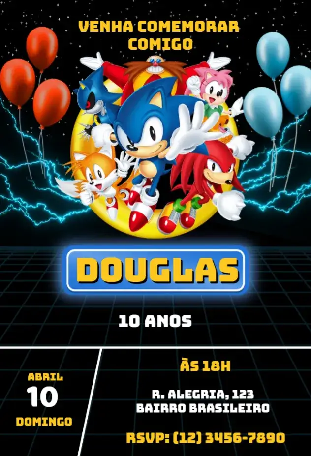 Invitation Convite Sonic Balões – Aniversário Infantil theme vibrante, colorido, divertido, moderno, jogos, infantil
