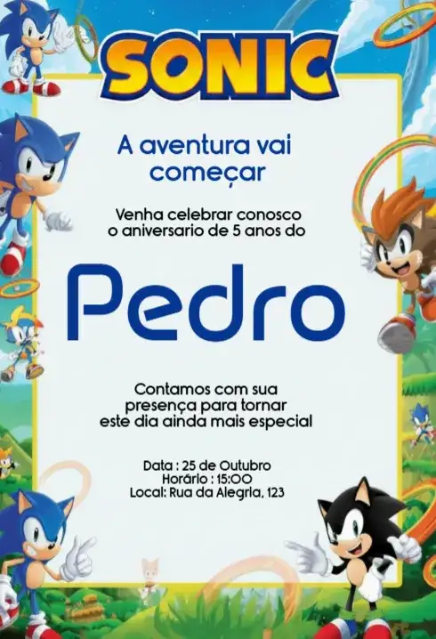 Convite Sonic Editável para Aniversário Infantil Digital