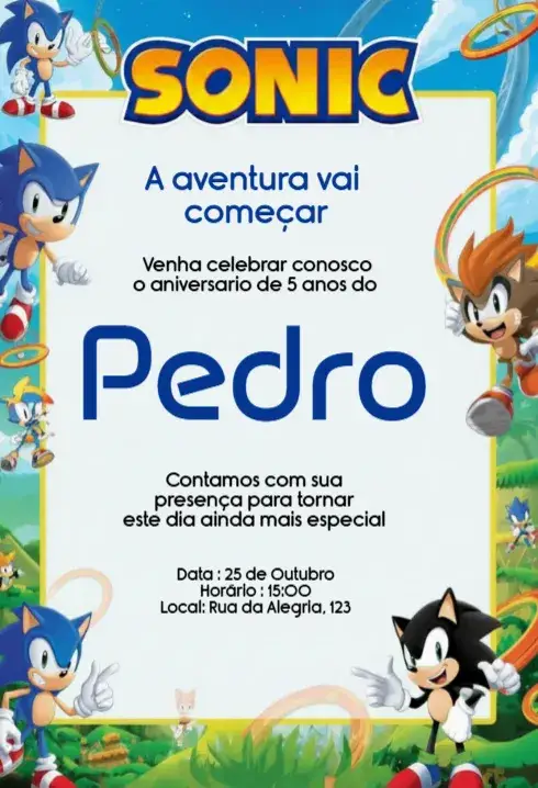 Convite Convite Sonic Editável para Aniversário Infantil Digital – tema Aniversário Infantil