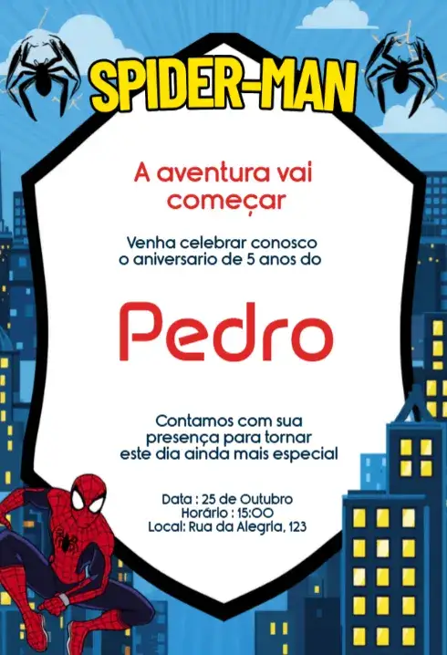 Convite Convite Spider-Man Editável para Aniversário Infantil Digital – tema Aniversário Infantil moderno, colorido, temático, urbano, divertido