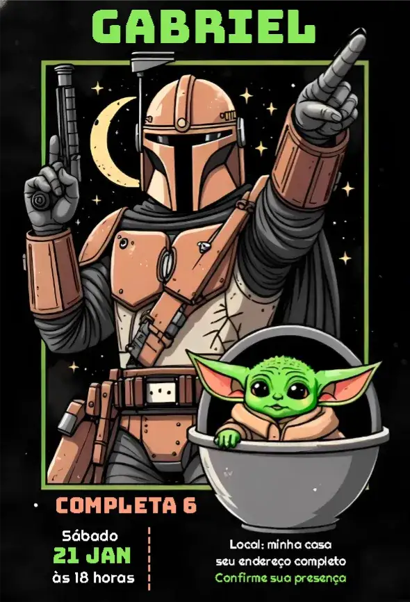 Convite Convite Star Wars Mandalorian 2 – tema Aniversário Infantil galáctico, futurista, colorido, aventura, temática, divertido