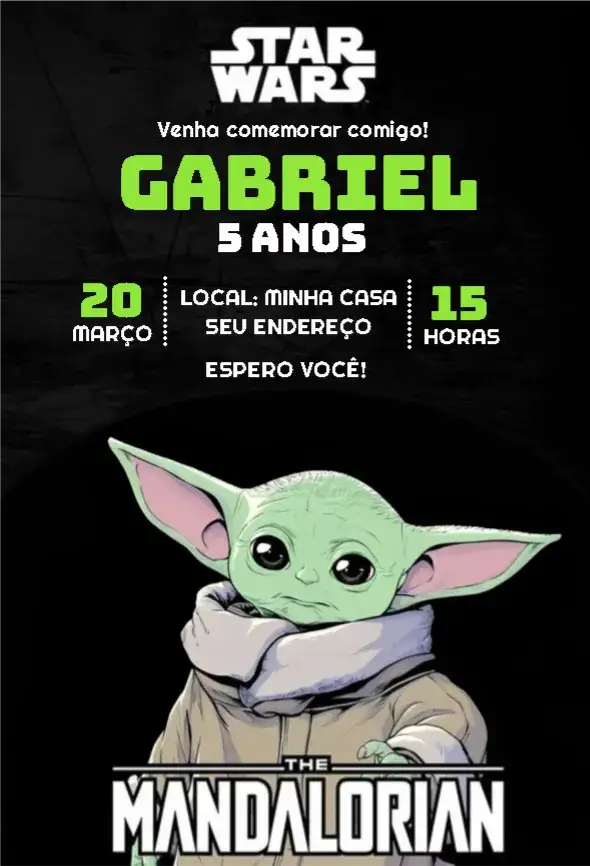 Convite Convite Star Wars Mandalorian Baby Yoda – tema Aniversário Infantil galáctico, divertido, colorido, sci-fi, moderno