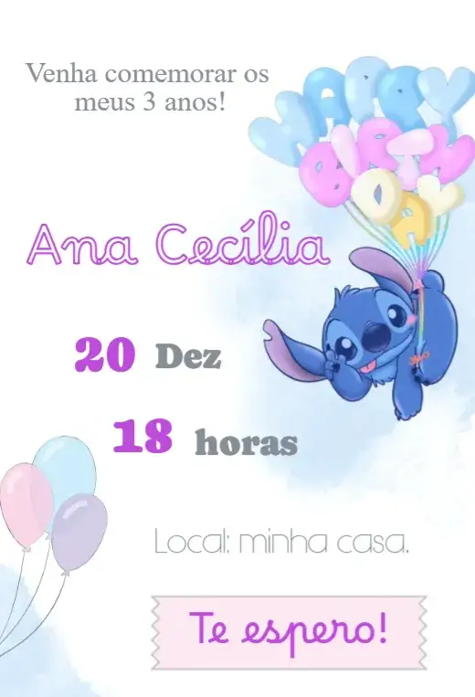 Convite Convite Stitch – tema Aniversário Infantil colorido, divertido, Disney, tropical, infantil, moderno