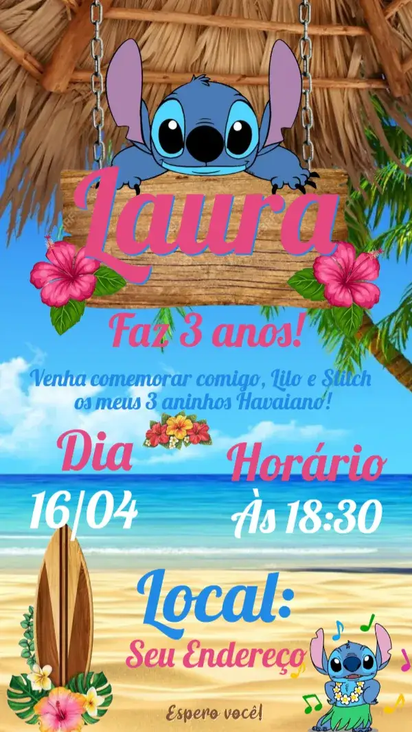 Invitación Convite STITCH – tema Cartão princesa, divertido, colorido, infantil, temático