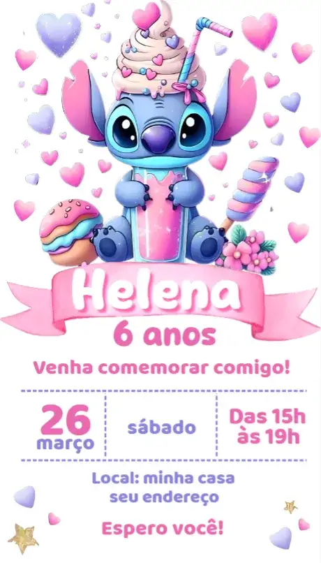 Convite Convite Stitch – tema Aniversário rosa, lúdico, divertido, infantil, colorido, moderno