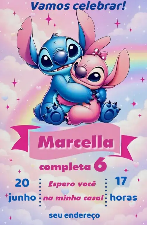 Convite Convite Stitch Digital – tema Aniversário colorido, divertido, tropical, infantil, animado