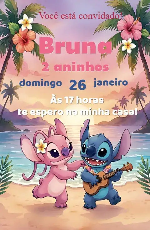 Invitación Invitación Stitch Digital – tema Cumpleaños colorido, tropical, divertido, moderno, infantil