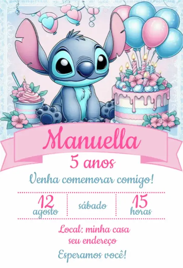 Convite Convite Stitch Digital – tema Aniversário rosa, lúdico, moderno, colorido, divertido