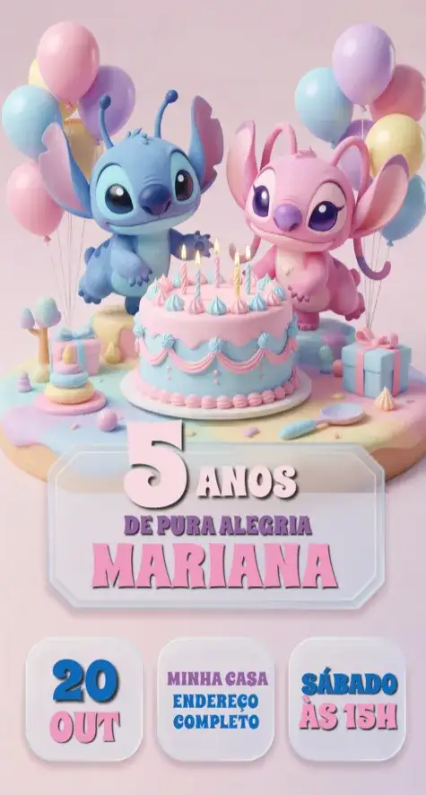 Convite Convite Stitch e Angel – tema Aniversário rosa, divertido, temático, ilustrações de personagens, infantil