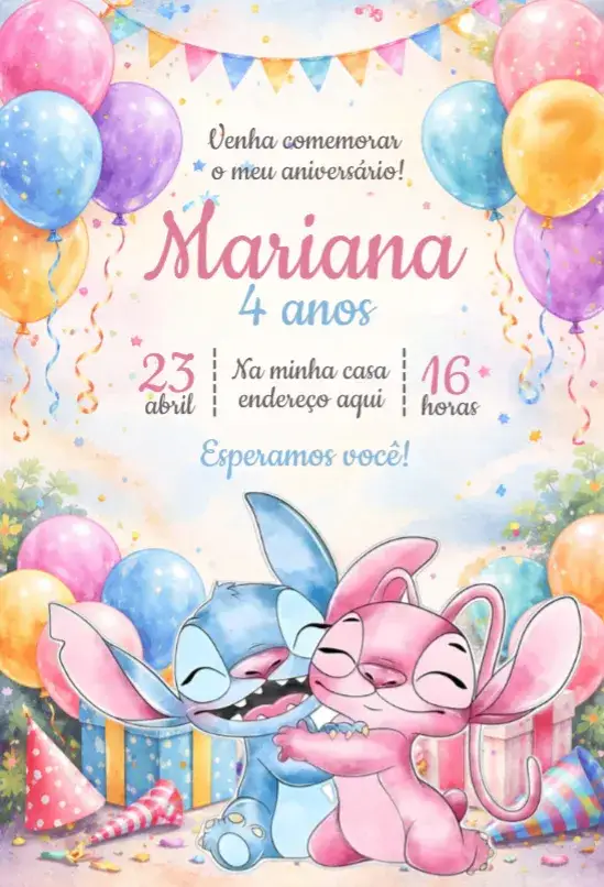 Convite Convite Stitch e Angel – tema Aniversário aquarela, colorido, divertido, temático, infantil