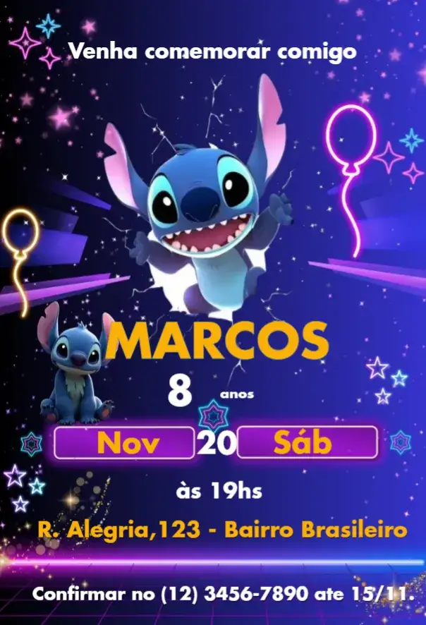 Convite Stitch Neon