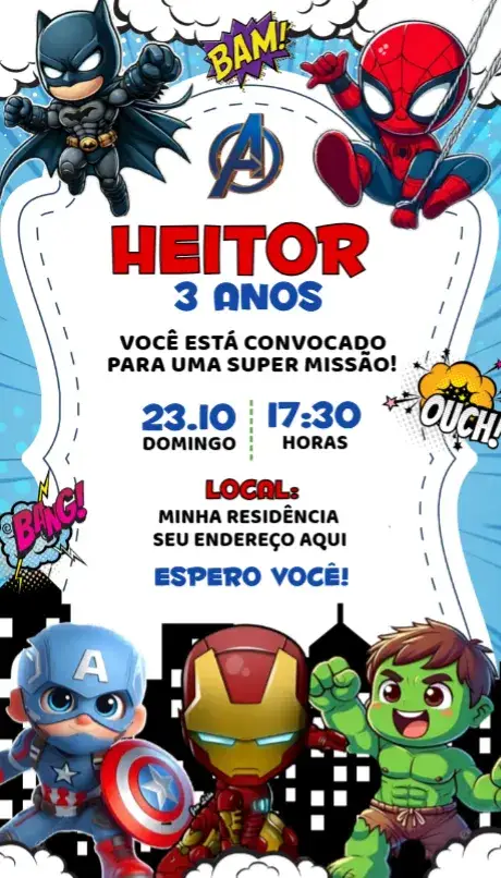 Convite Convite Super Heróis Cute – tema Aniversário colorido, divertido, moderno, ilustrações de heróis, vibrante, temática de aventura