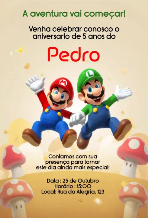 Convite Mario e Luigi para Festa Infantil Personalizado
