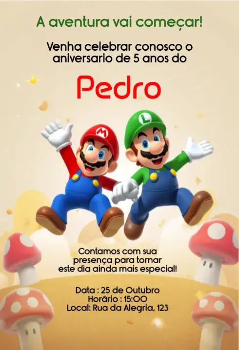 Convite Convite Mario e Luigi para Festa Infantil Personalizado – tema Aniversário Infantil colorido, divertido, jogos, aventura, infantil