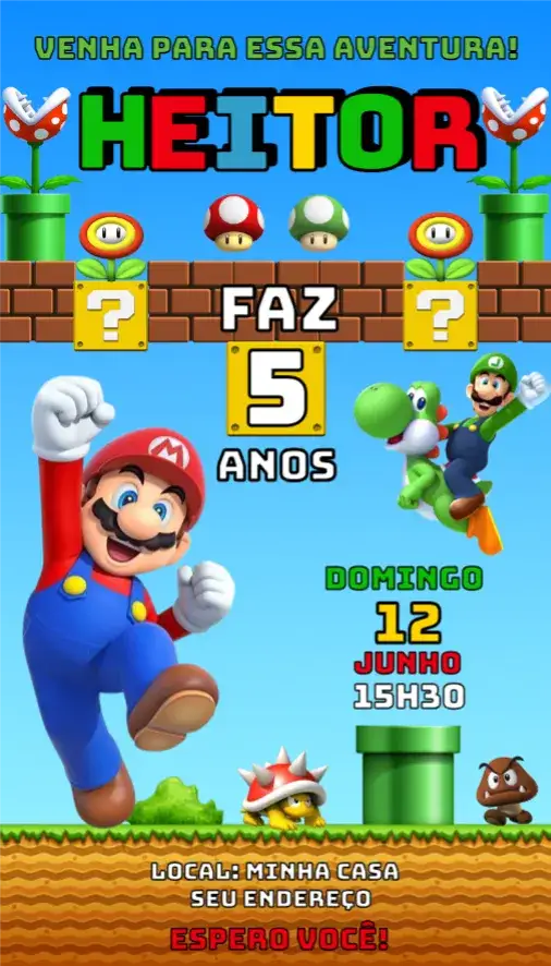 Convite Convite Super Mario – tema Aniversário colorido, temático, divertido, jogos, infantil, vibrante