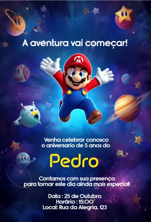 Convite Convite Super Mario Galaxy para Festa Infantil Personalizado – tema Aniversário Infantil colorido, lúdico, temático, divertido, espaço