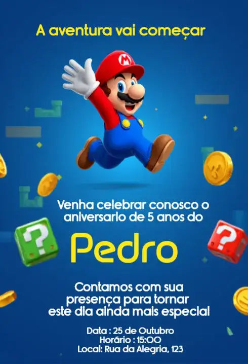 Convite Super Mario para Aniversário Infantil