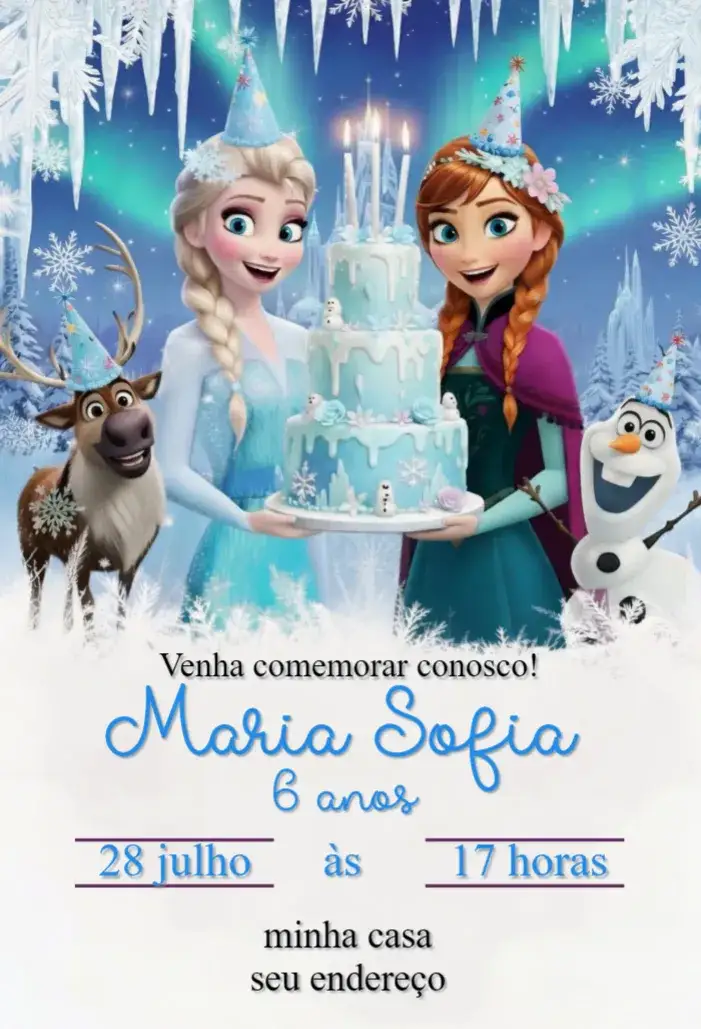 Invitation Convite Frozen Digital – Aniversário theme temática Frozen, azul gelado, neve e gelo, elementos de inverno, mágico e divertido, personagens encantados