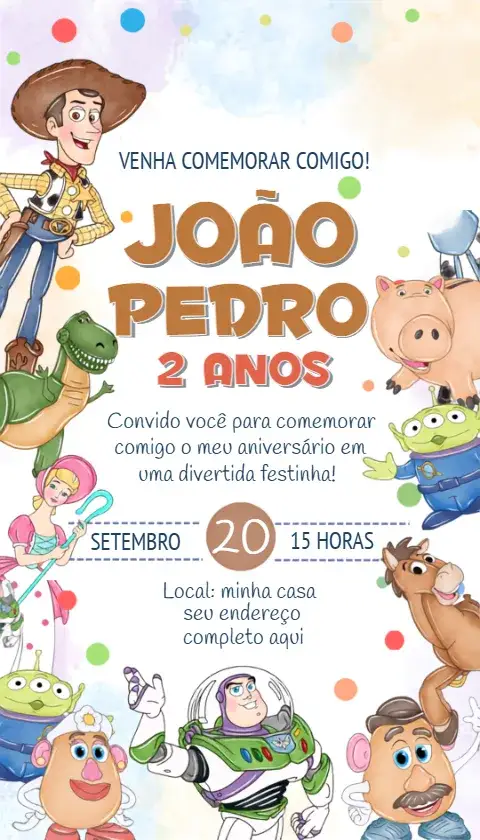 Invitation Convite Toy Story – Aniversário theme Aquarela, Colorido, Infantil, Brinquedos, Personagens, Tema de aventura