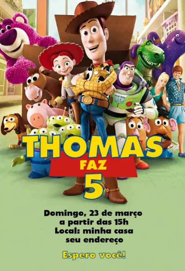 Invitación Convite Toy Story 3 – tema Aniversário colorido, divertido, temático, infantil, aventura, ilustrações