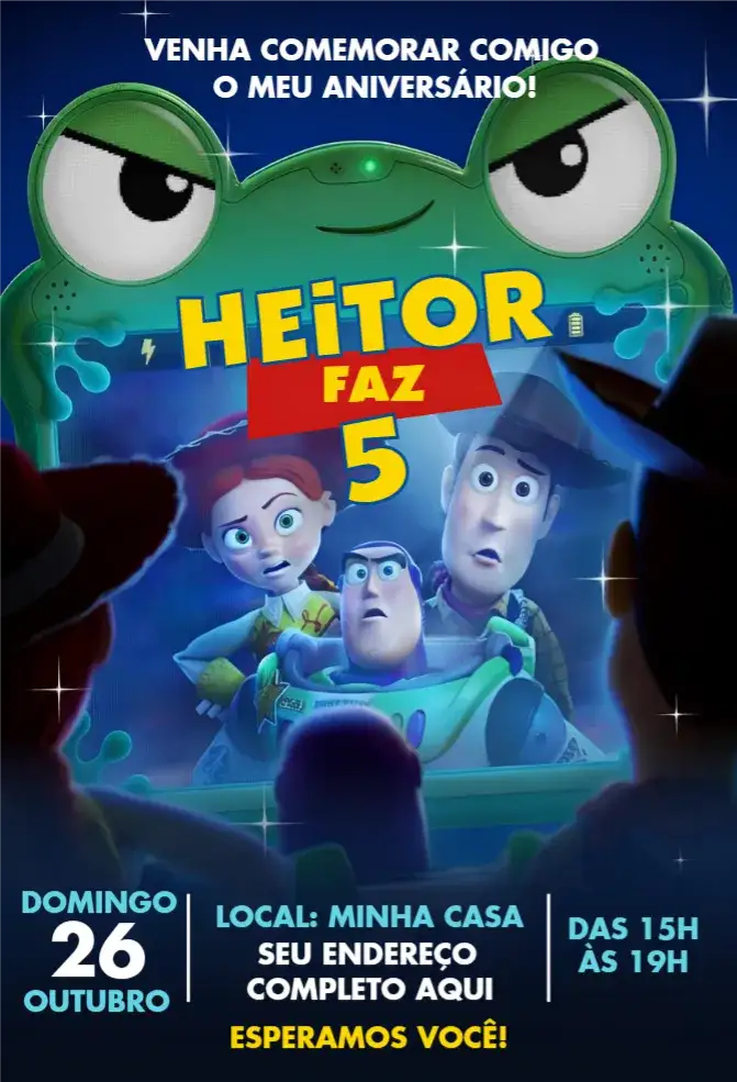 Invitación Convite Toy Story 5 – tema Aniversário colorido, divertido, temático, ilustrações de personagens, moderno