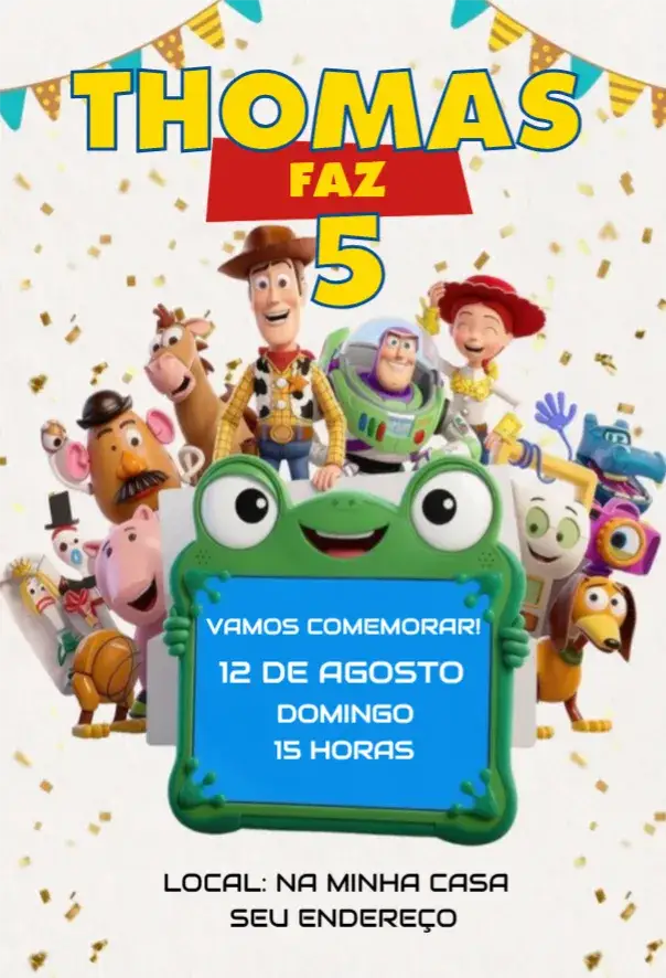 Invitación Convite Toy Story 5 – tema Aniversário colorido, divertido, lúdico, temático, infantil