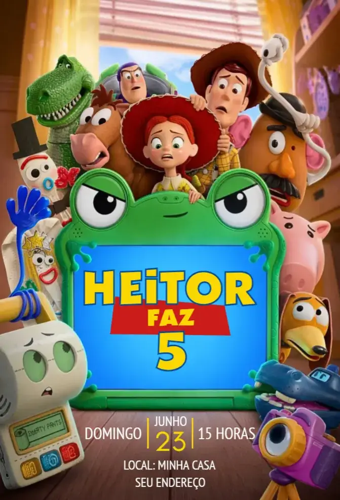 Invitación Convite Toy Story 5 – tema Aniversário colorido, divertido, temático, infantil, animado