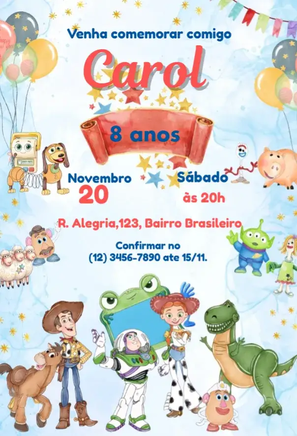 Convite Convite Toy Story 5 Aquarelado – tema Aniversário Infantil colorido, aquarelado, divertido, infantil, brinquedos, temático