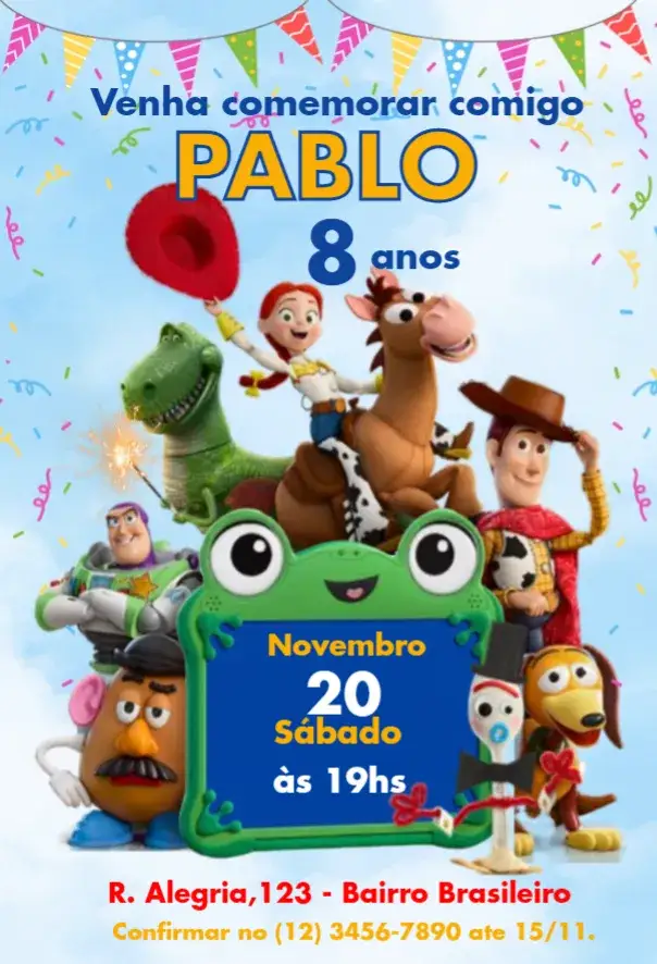 Convite Convite Toy Story 5 Confete – tema Aniversário Infantil colorido, divertido, temático, infantil, festivo