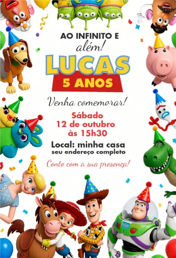 Convite Convite Toy Story – tema Aniversário colorido, divertido, lúdico, aventura, infantil, temático