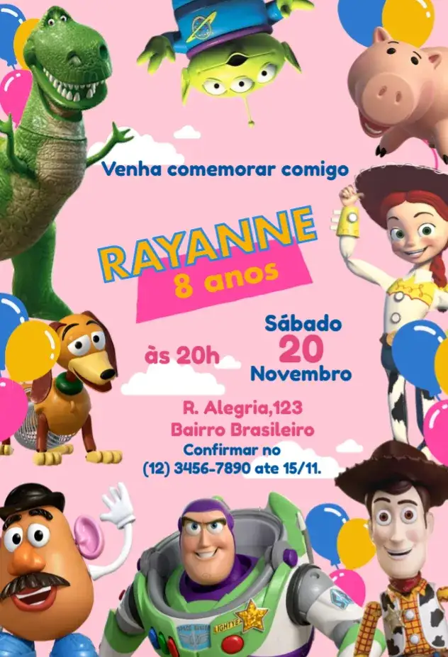 Invitation Convite Toy Story Cor de Rosa – Aniversário Infantil theme rosa, divertido, infantil, colorido, ilustrações de brinquedos