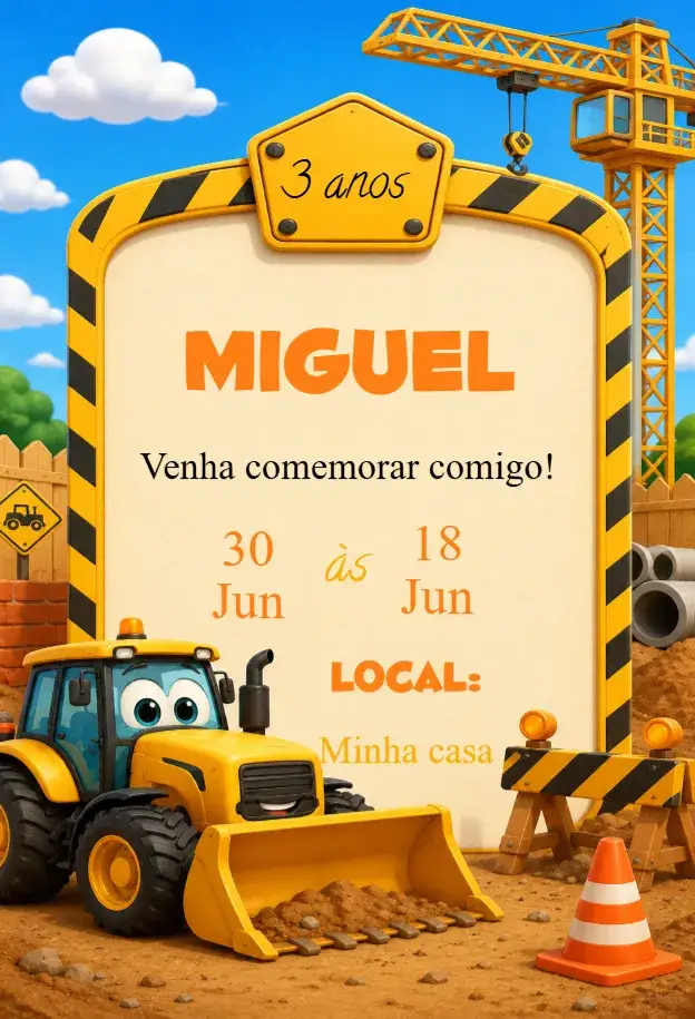 Convite Convite Trator em construção – tema Aniversário Infantil cores vibrantes, elementos de construção, ilustrações de tratores, estilo lúdico, tema de festa, design divertido