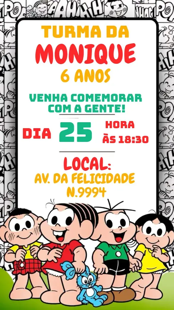 Convite Convite Turma da Monica editável e personalizável