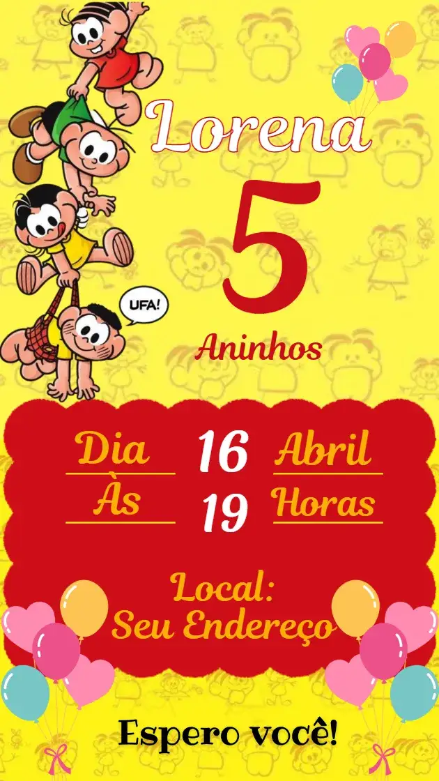Convite Convite Turma da Monica – tema Aniversário Infantil amarelo, vermelho, divertido, infantil, colorido, lúdico