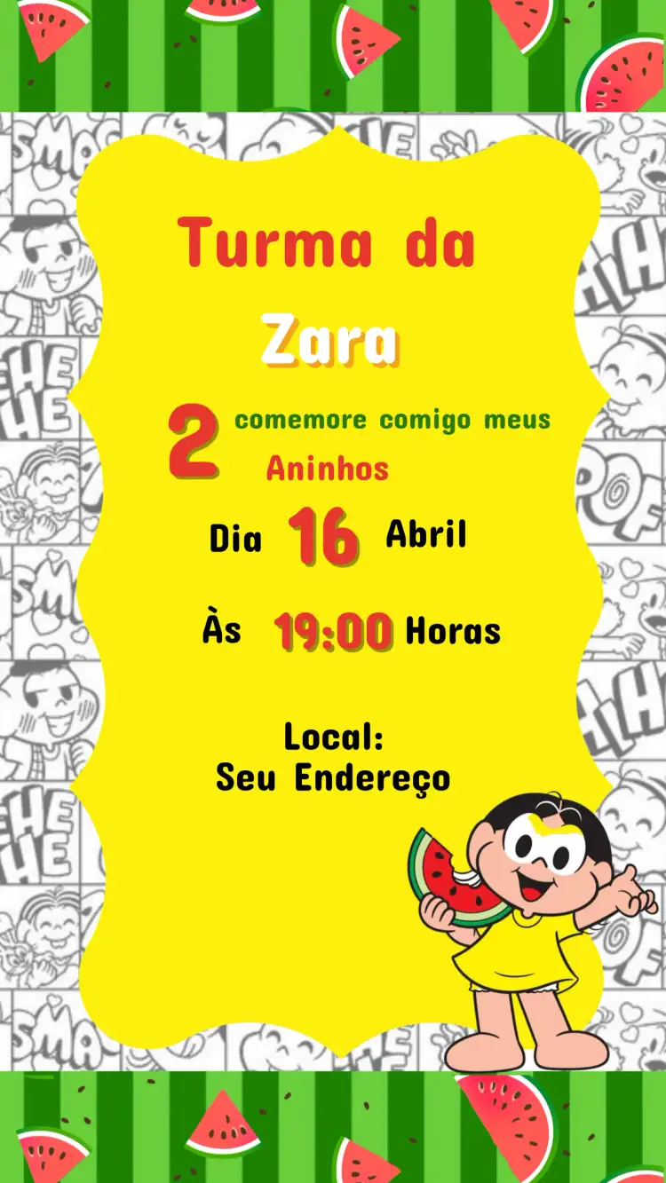 Convite Convite Turma da Mônica Magali – tema Aniversário Infantil colorido, lúdico, infantil, divertido, animado