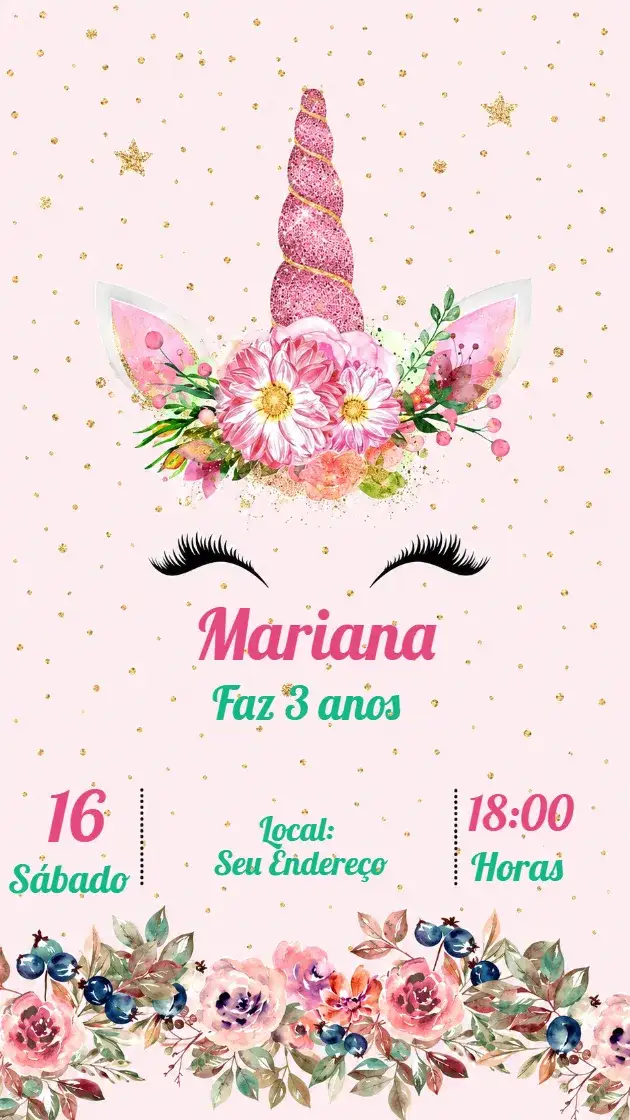 Convite Convite Unicornio – tema Aniversário Infantil cores pastel, fantasia, ilustrações lúdicas, estrelas e nuvens, brilho e magia